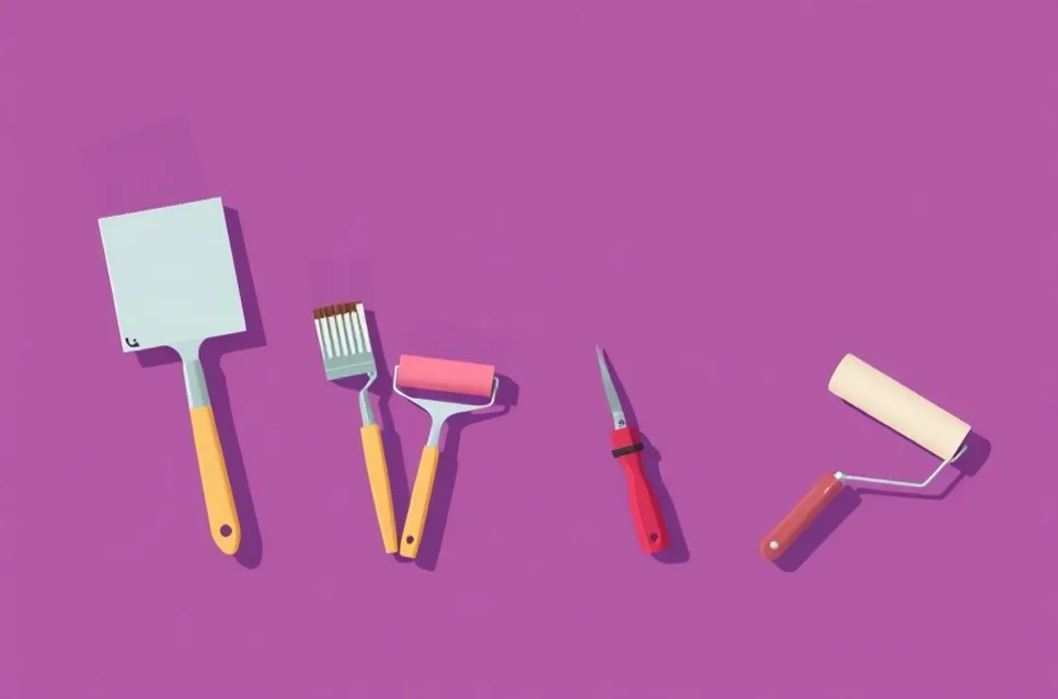 Outils de peinture disposés dans l'ordre des étapes du chantier