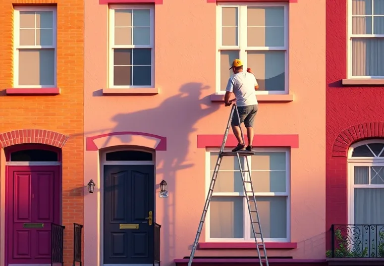 Peintre sur échafaudage traitant la façade d'une maison